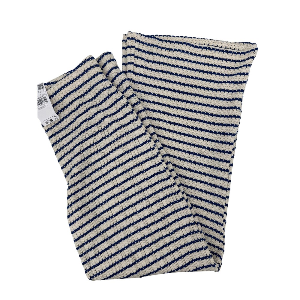 Mango MNG Women L Striped Knit Wide Leg Pants Cream Navy Blue High Rise 67078641